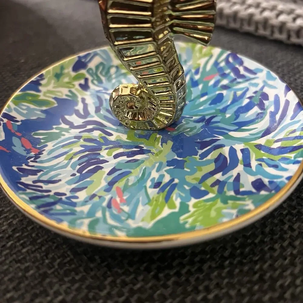 Lilly Pulitzer Ring Holder, Wade And Sea Jewelry Trinket Dish With Gold Seahorse